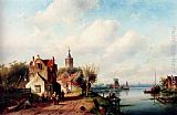 Charles Henri Joseph Leickert Famous Paintings - A Village Along A River, A Town In The Distance